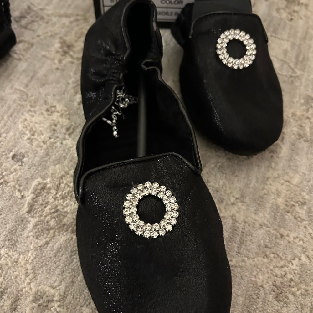 NIB Joan Boyce Foldable Loafers Ballet Flats Carry Bag Shimmer Black Sz 8.5 Chic
